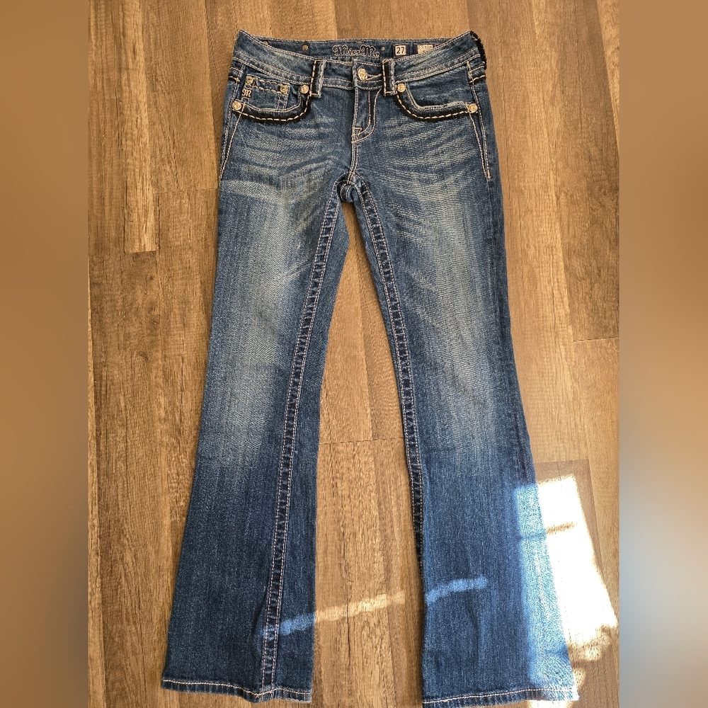 MISS ME JEANS BOOT CUT SLIM PEACE SIGN LACE 27 Western Cowboy Y2K Rhinestone